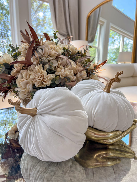 7.5" White Velvet Stuffed Pumpkin with Twisted Gold Stem