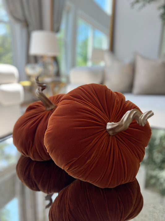 11" Velvet Orange Stuffed Pumpkin with Twisted Gold Stem