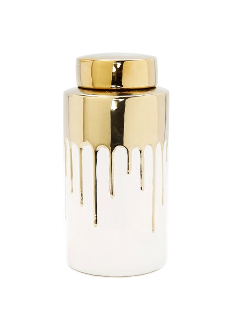 Medium White Jar with Gold Cover and Drip Design