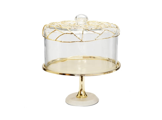 Gold Cake Tray Glass Dome with White Marble Base Mesh Design