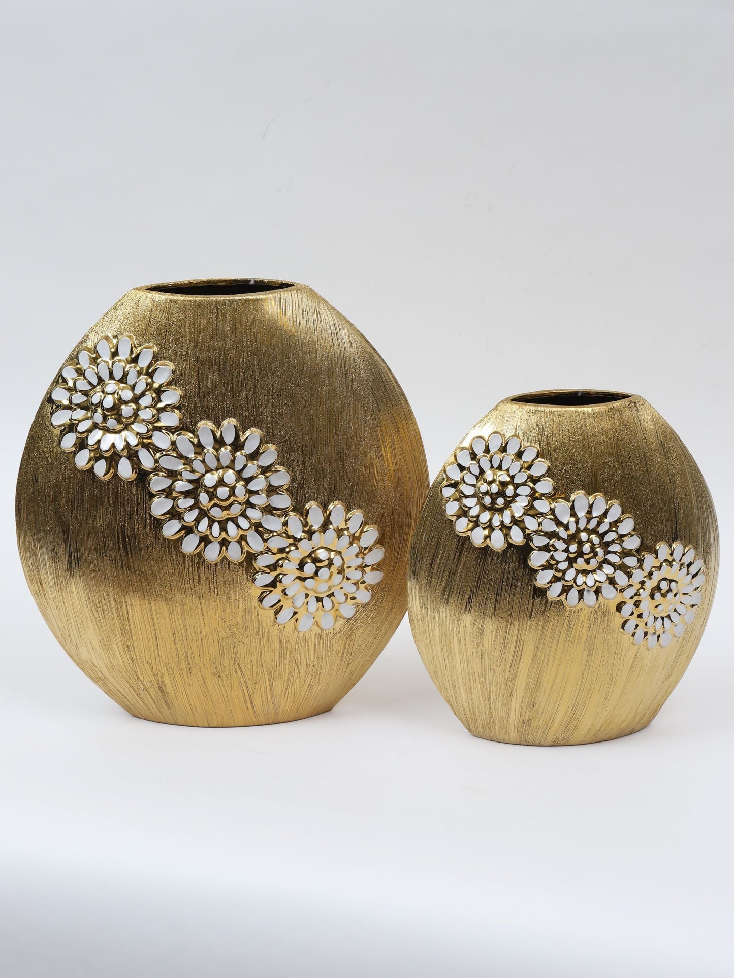 Large Round Textured Ceramic Gold Vase with White Flower Design