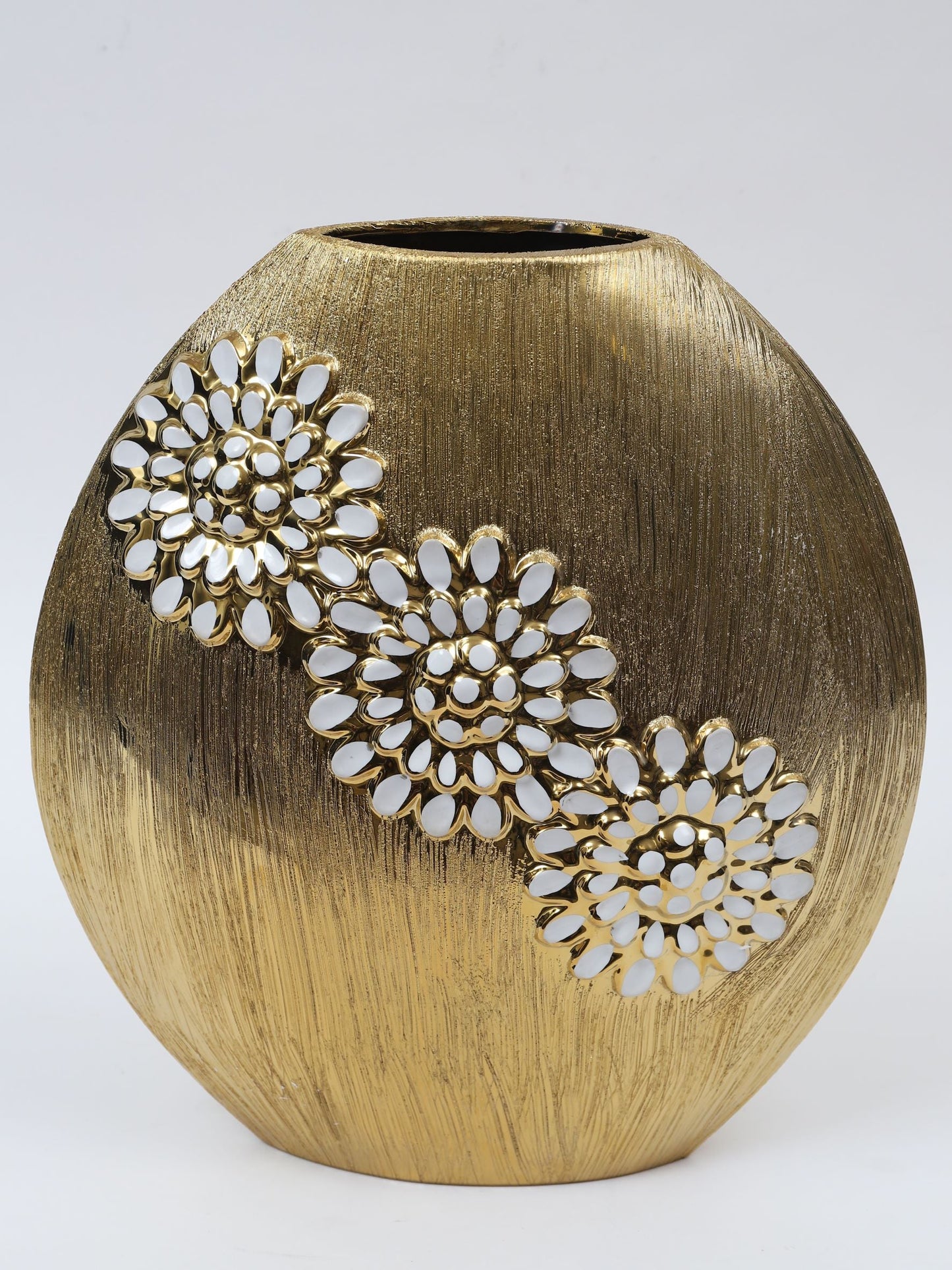 Large Round Textured Ceramic Gold Vase with White Flower Design