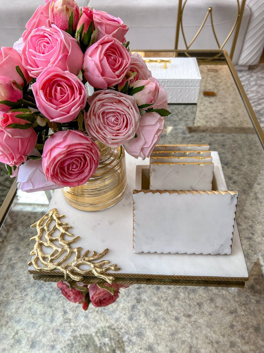 Rectangular Marble Tray with Metal Gold Branch Details