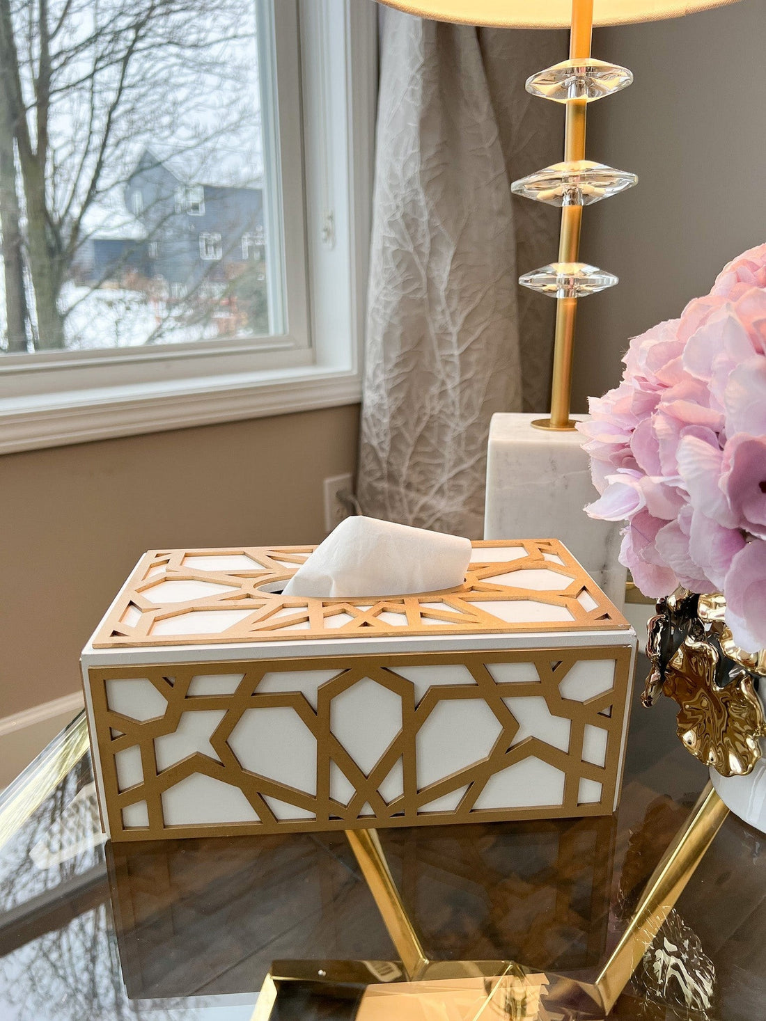 Wood Gold and White Tissue Box Cover World of Blooms