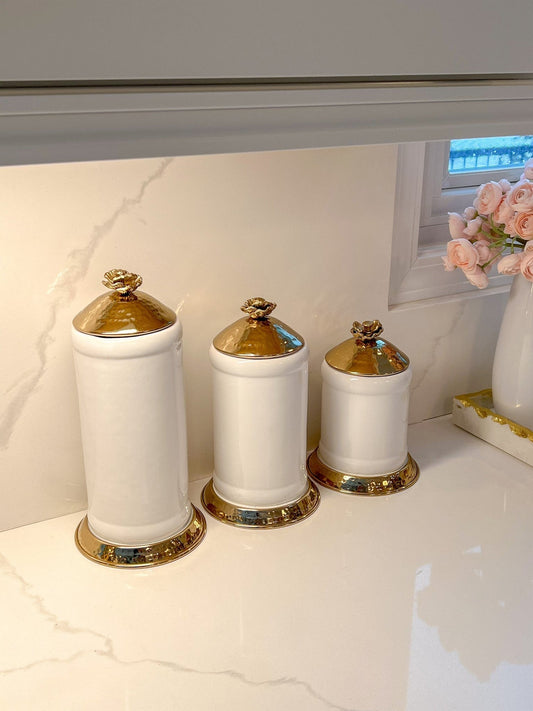 White Ceramic Jar with Gold Flower Lid (3 Sizes)