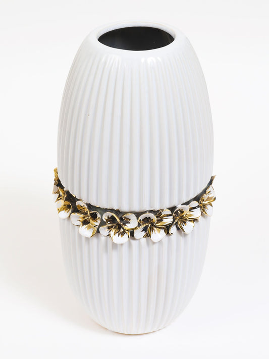 White Linear Ceramic Vase with Gold Floral Detail