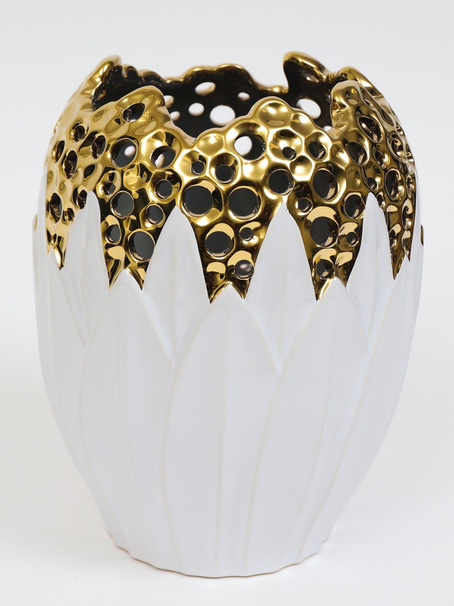 White and Gold Porcelain Vase with Circle Cutout Design