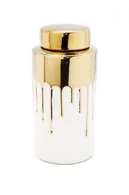 Medium White Jar with Gold Cover and Drip Design