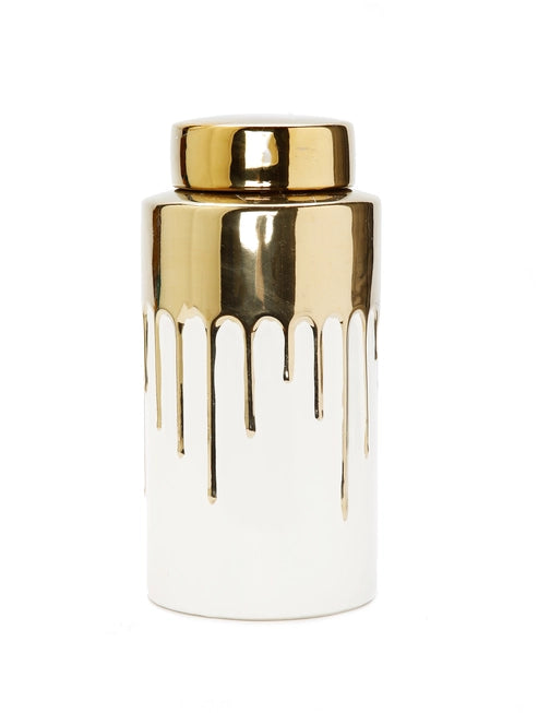 Tall White Jar with Gold Cover and Drip Design