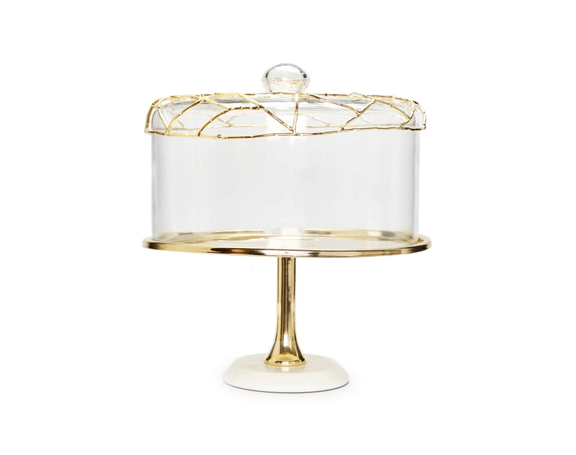 Gold Cake Tray Glass Dome with White Marble Base Mesh Design