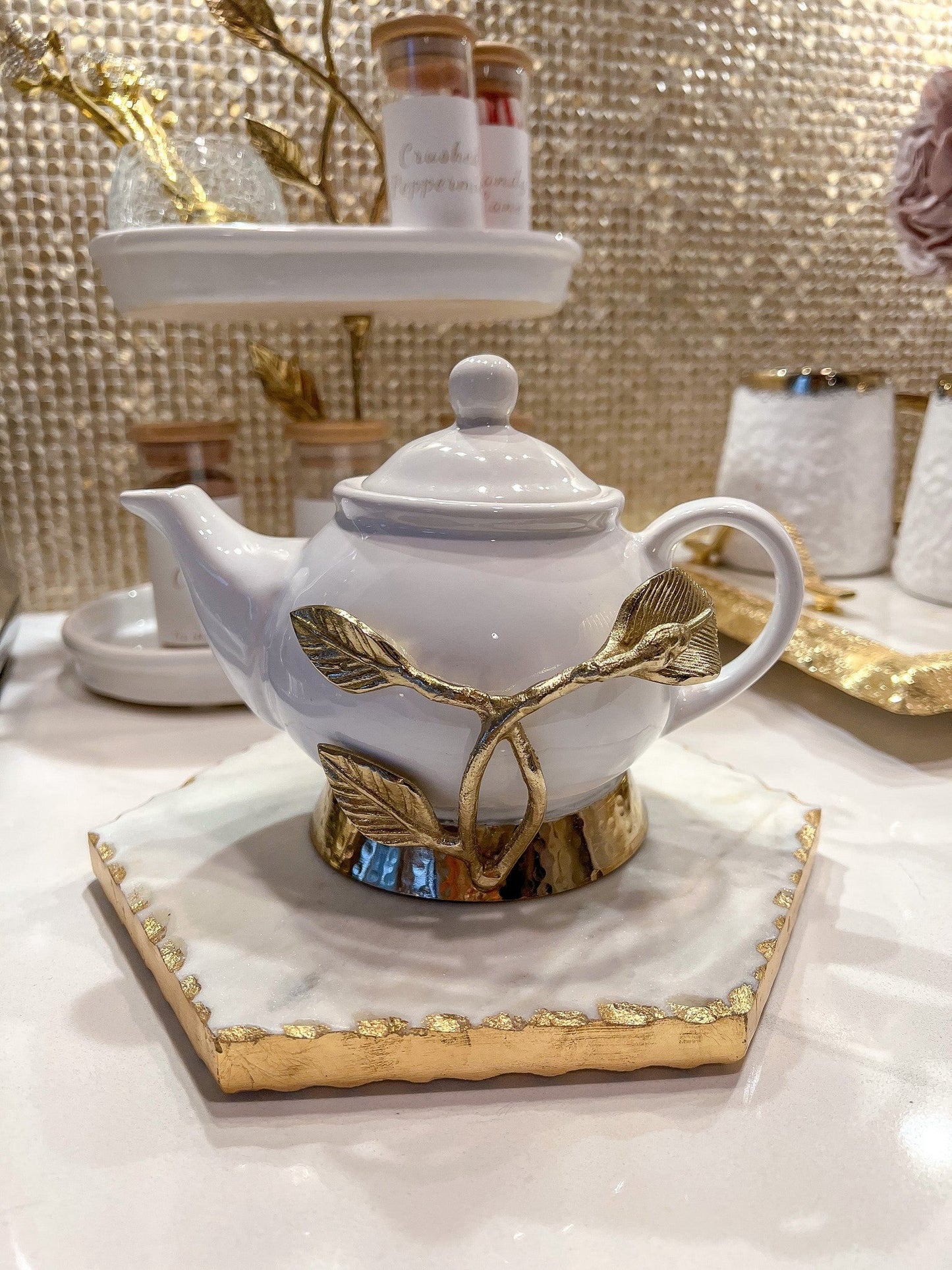 White and Gold Ceramic Tea Pot with Gold Leaf Design