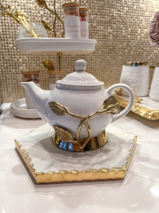 White and Gold Ceramic Tea Pot with Gold Leaf Design