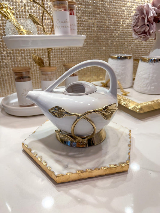 White and Gold Leaf Ornate Tea Pot